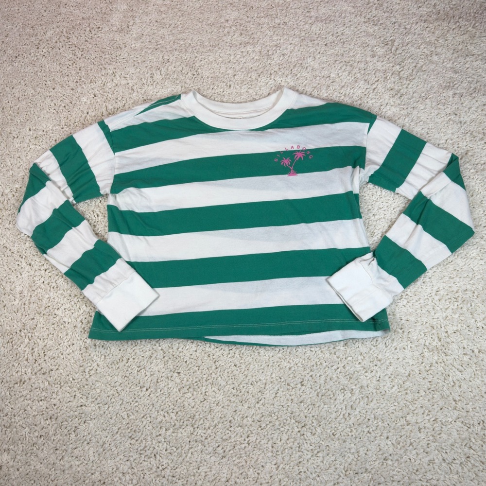 Billabong Long Sleeve Shirt Womens Large Green White Striped Beach Palm Tree Tee